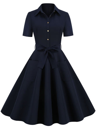 Navy Blue 1950s Solid Belt Swing Dress: timeless style reimagined