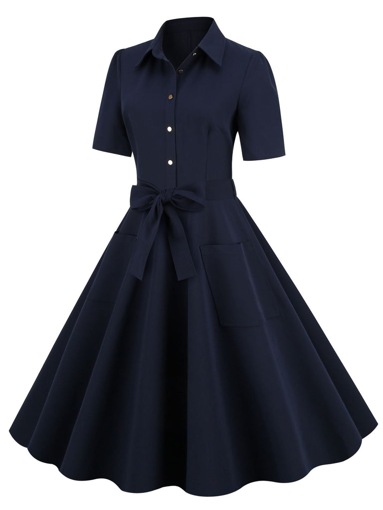Navy Blue 1950s Solid Belt Swing Dress — vintage elegance for the modern woman