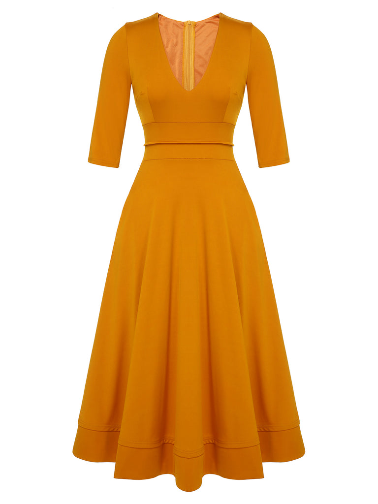 Orange 1950s Waisted Mid-sleeve V-Neck Dress, vintage dress, retro fashion, rockabilly, pin-up fashion - perfect for women who love vintage and retro fashion