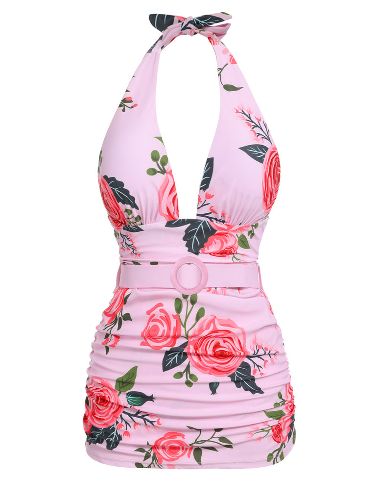 Pink 1930s Roses Halter Belt Swimsuit — vintage elegance for the modern woman