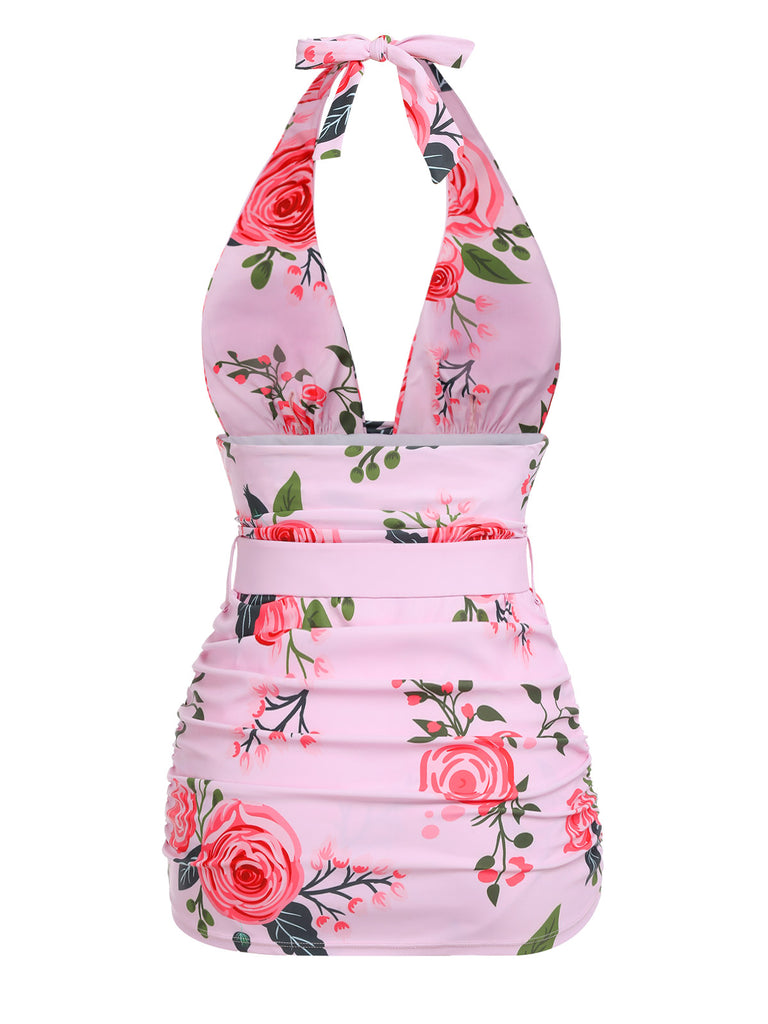 Pink 1930s Roses Halter Belt Swimsuit — vintage elegance for the modern woman