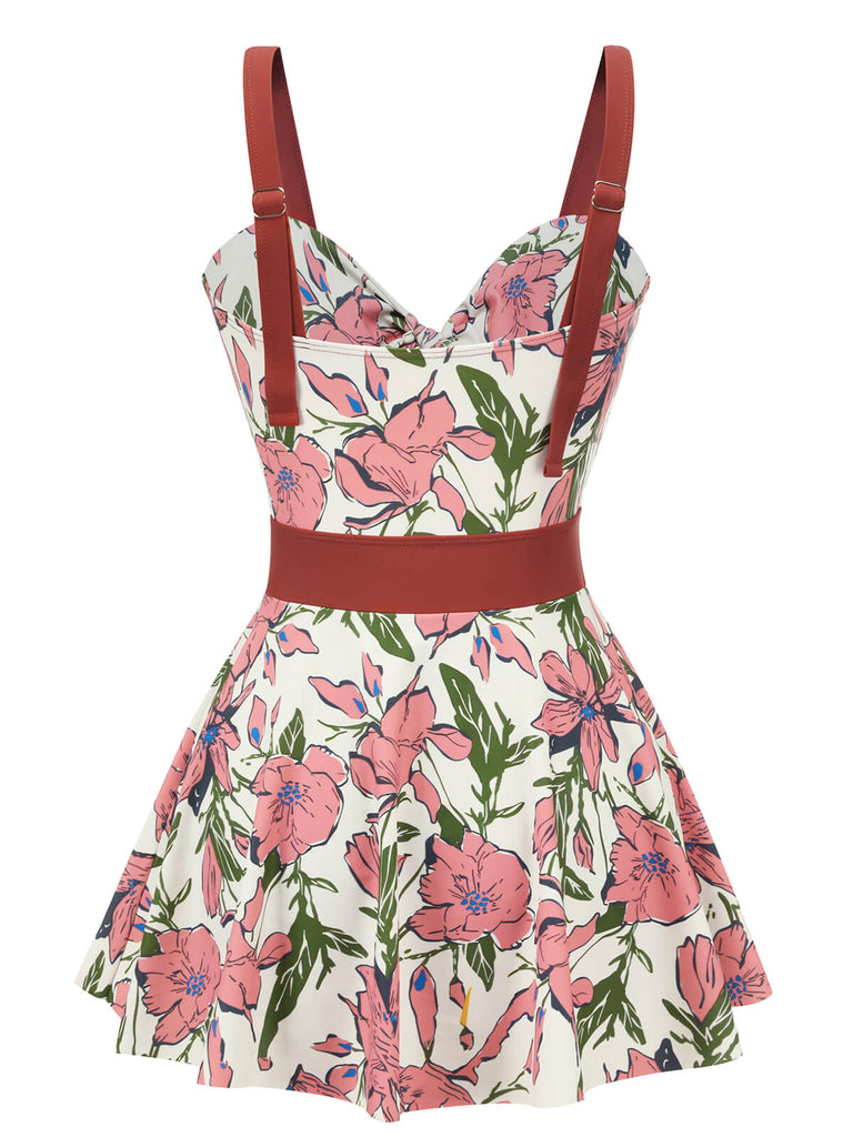 Pink 1940s Floral Strap One-Piece Swimsuit, vintage swimsuit, pin-up swimwear - perfect for women who love vintage and retro fashion