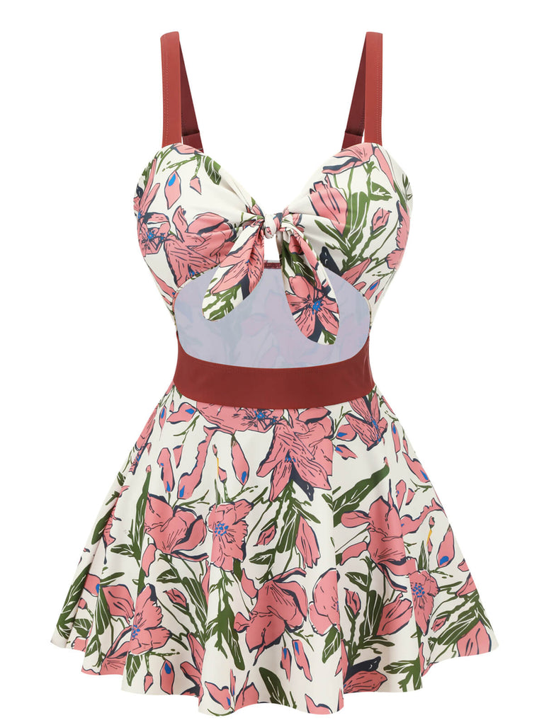 Pink 1940s Floral Strap One-Piece Swimsuit, vintage swimsuit, pin-up swimwear - perfect for women who love vintage and retro fashion