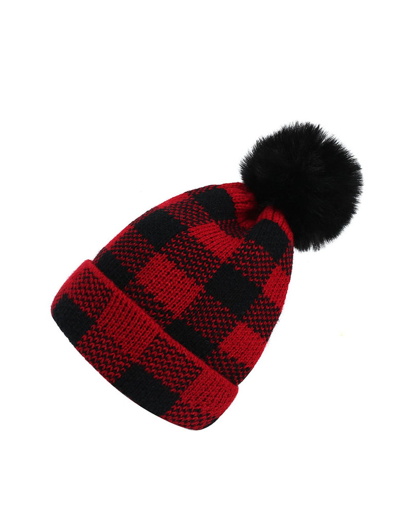 & Plaid Hairball Knitted Child Hat - vintage fashion, retro style