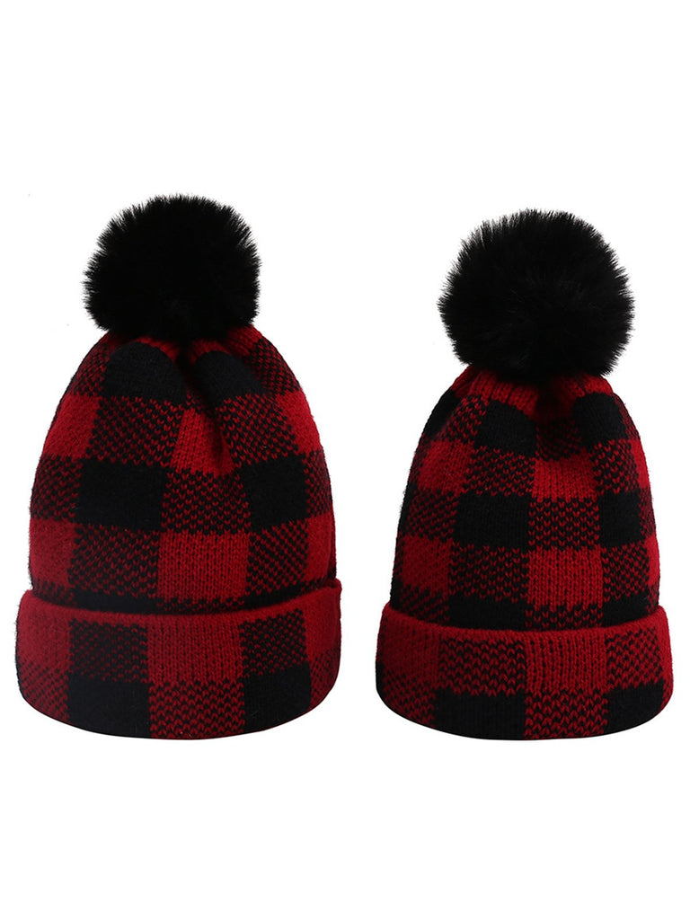& Plaid Hairball Knitted Child Hat - vintage fashion, retro style