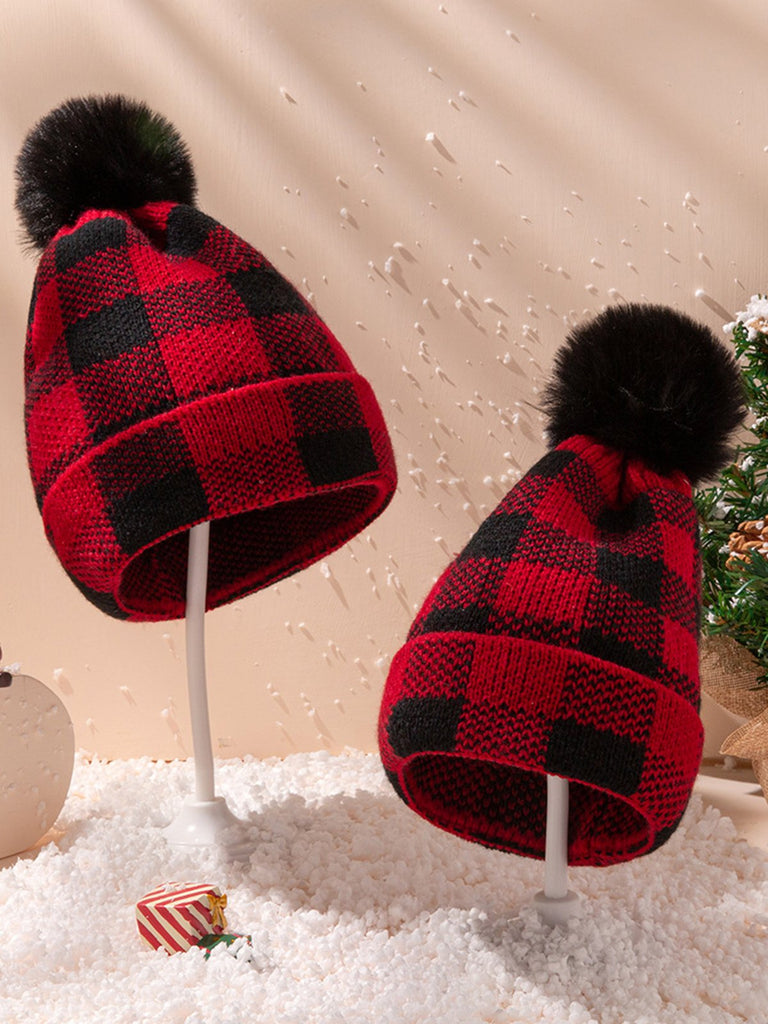 & Plaid Hairball Knitted Child Hat - vintage fashion, retro style