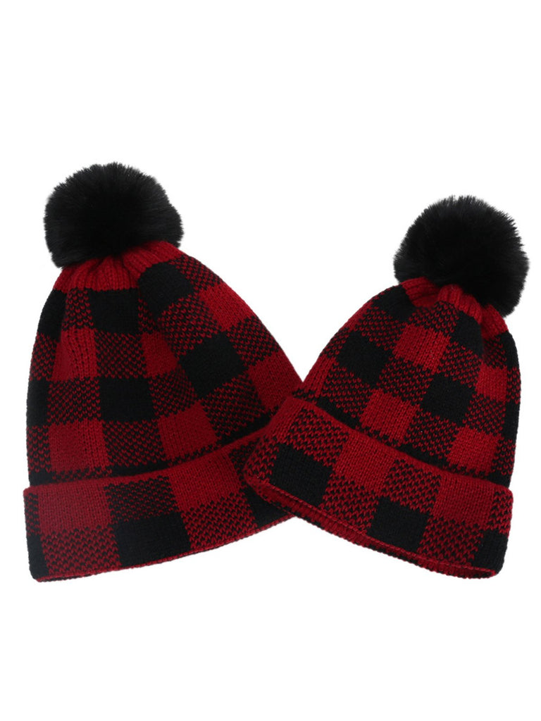 & Plaid Hairball Knitted Child Hat - vintage fashion, retro style