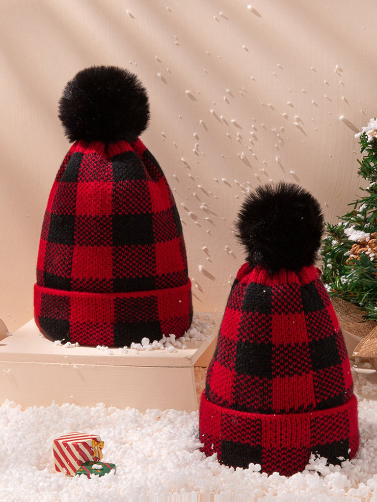 & Plaid Hairball Knitted Child Hat - vintage fashion, retro style