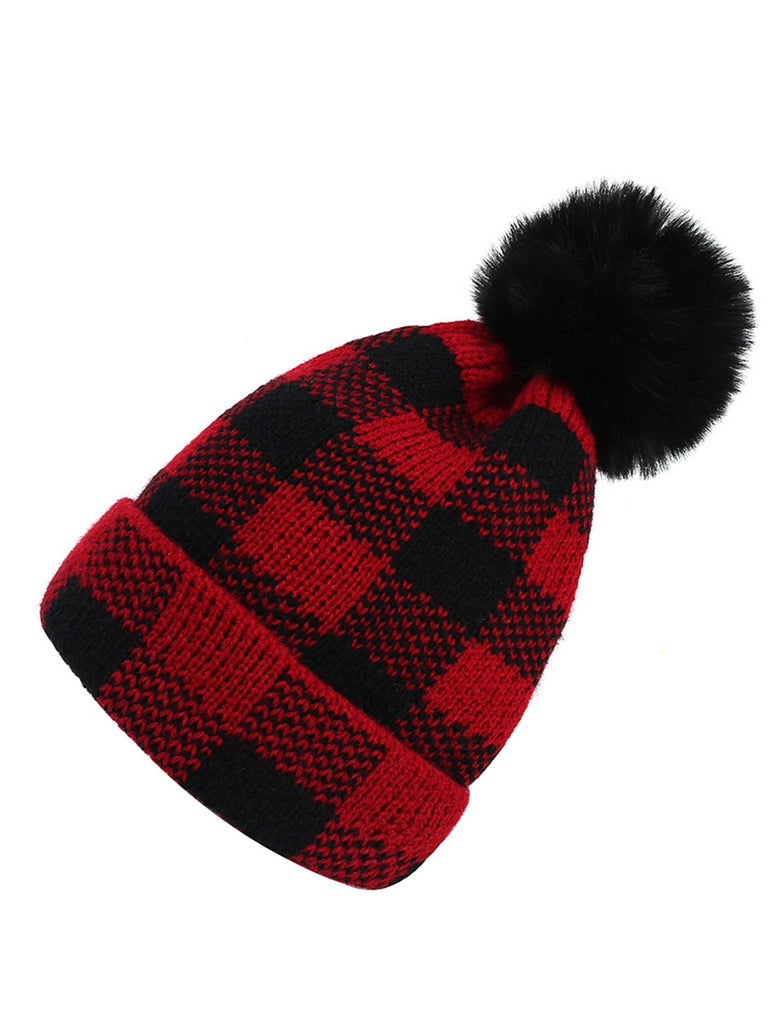 & Plaid Hairball Knitted Child Hat - vintage fashion, retro style