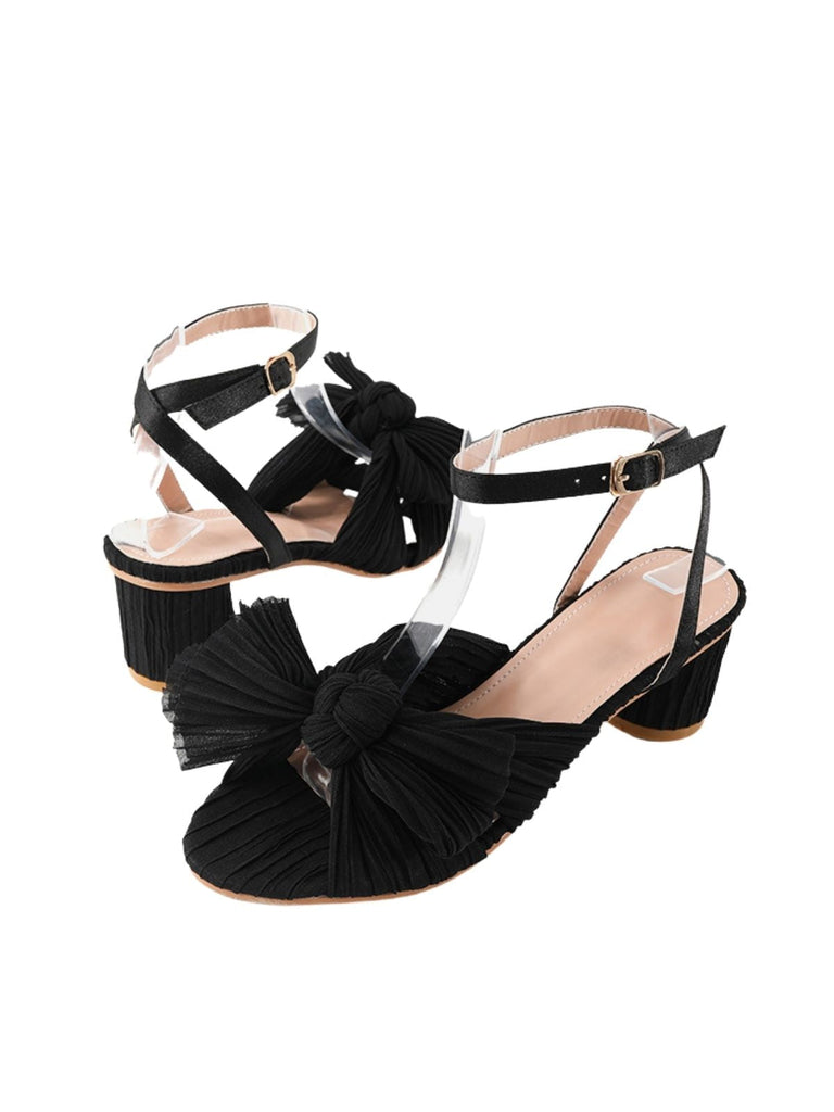 Pleated Chiffon Bowknot Chunky Heels Sandals — vintage elegance for the modern woman