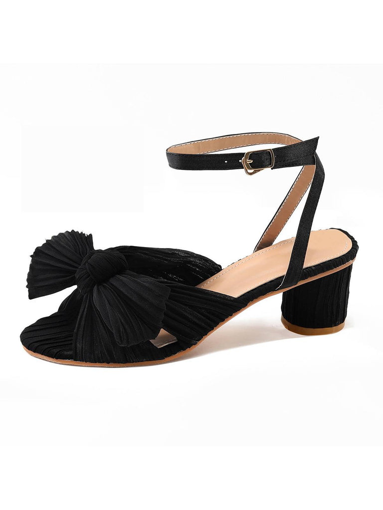 Pleated Chiffon Bowknot Chunky Heels Sandals: timeless style reimagined