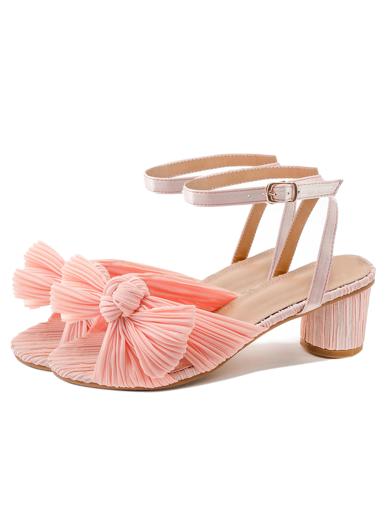 Pleated Chiffon Bowknot Chunky Heels Sandals — vintage elegance for the modern woman