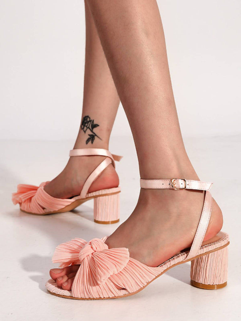 Pleated Chiffon Bowknot Chunky Heels Sandals: timeless style reimagined