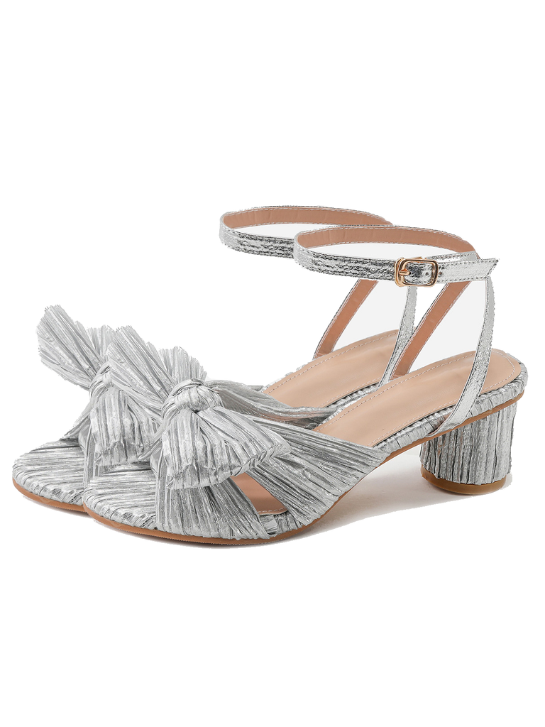 Pleated Chiffon Bowknot Chunky Heels Sandals — vintage elegance for the modern woman
