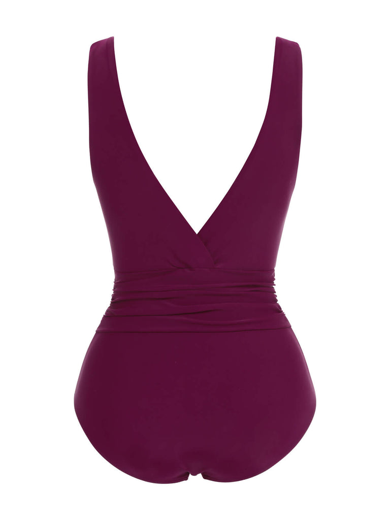 Raspberry Purple 1960s V-Neck One-piece Swimsuit: timeless style reimagined