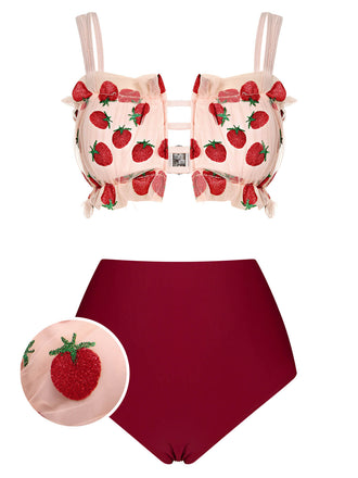 Red 1940s Strawberry Mesh Strap Swimsuit, vintage swimsuit, pin-up swimwear - perfect for women who love vintage and retro fashion