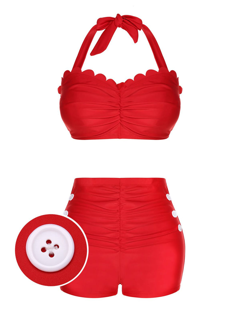 Red 1950s Button Ruffles Halter Swimsuit: timeless style reimagined
