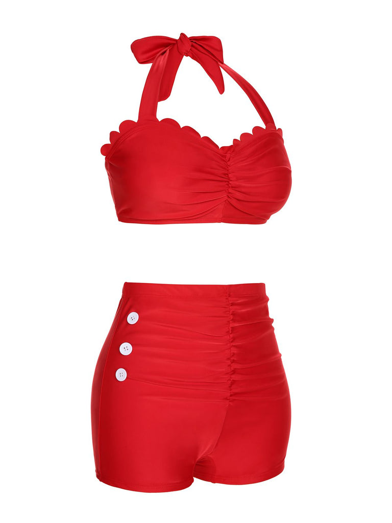 Red 1950s Button Ruffles Halter Swimsuit: timeless style reimagined