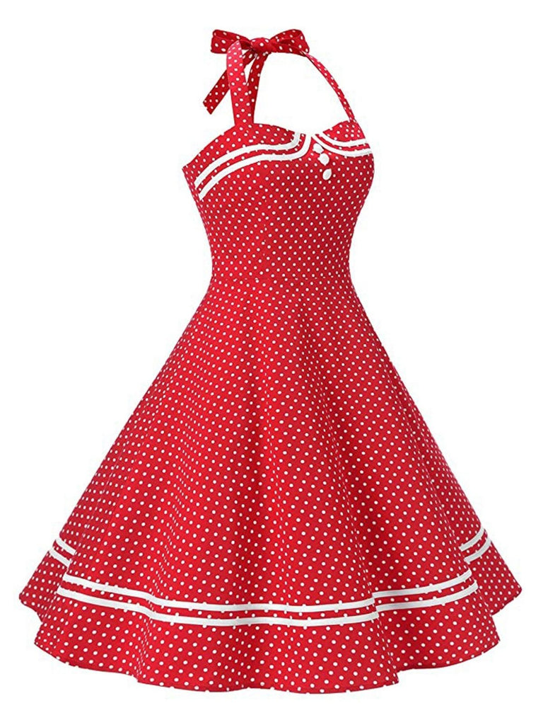 Red 1950s Halter Polka Dot Dress — vintage elegance for the modern woman