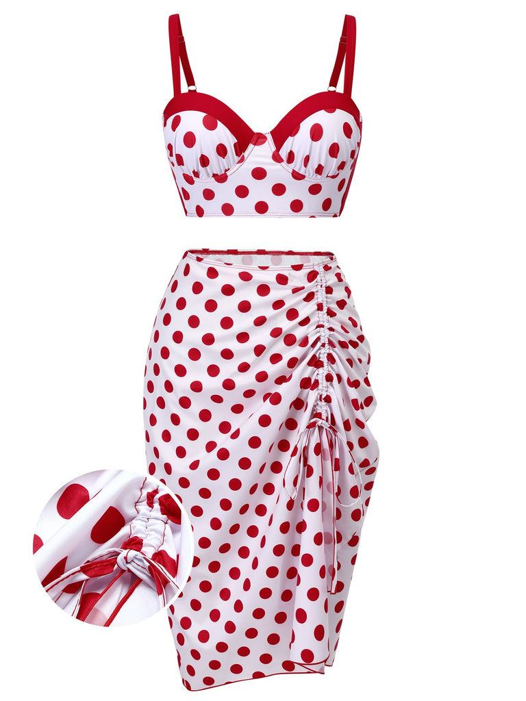 Red 1950s Polka Dot Pleated Swimsuit, vintage swimsuit, pin-up swimwear - perfect for women who love vintage and retro fashion