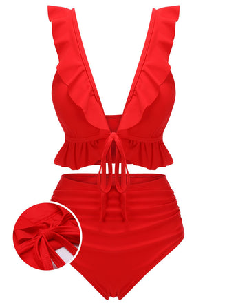 Red 1950s Solid Ruffled V-neck Straps Swimsuit, vintage swimsuit, pin-up swimwear - perfect for women who love vintage and retro fashion