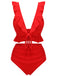 Red 1950s Solid Ruffled V-neck Straps Swimsuit, vintage swimsuit, pin-up swimwear - perfect for women who love vintage and retro fashion