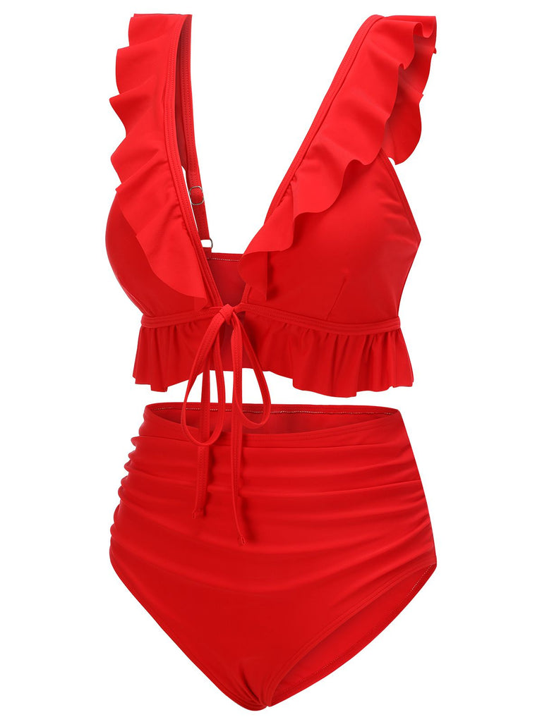 Red 1950s Solid Ruffled V-neck Straps Swimsuit, vintage swimsuit, pin-up swimwear - perfect for women who love vintage and retro fashion