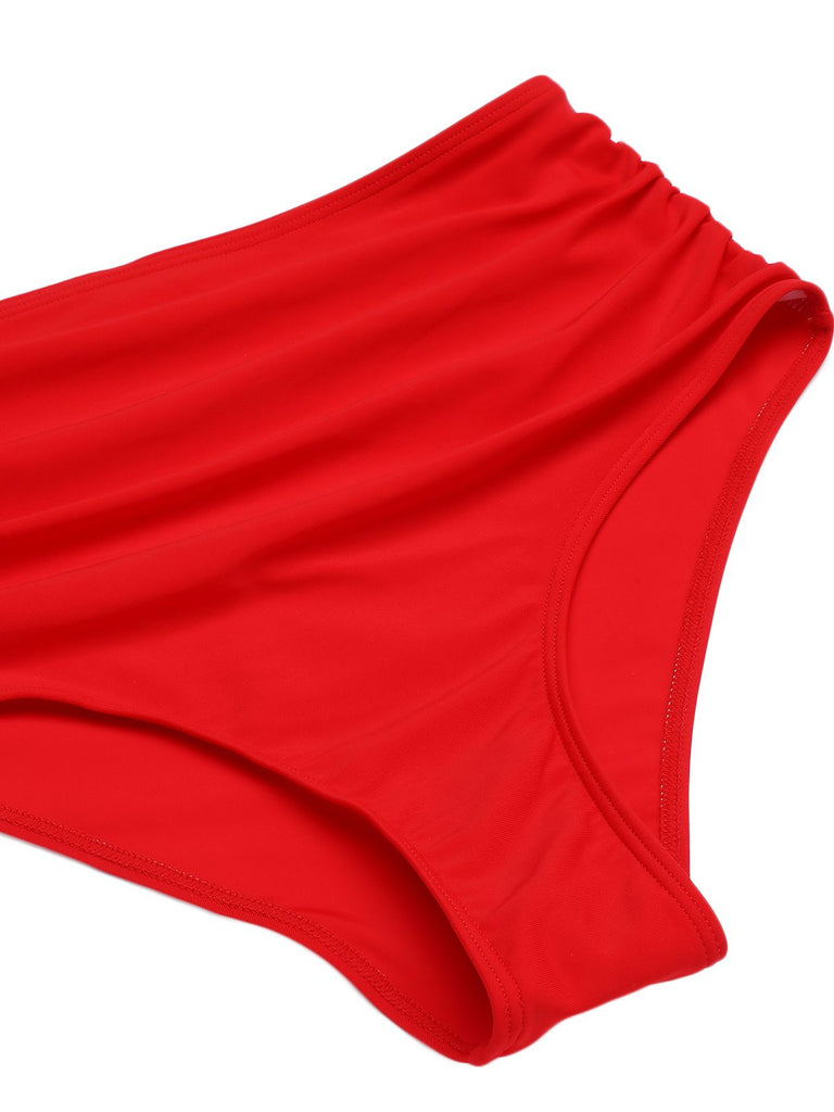 Red 1950s Solid Ruffled V-neck Straps Swimsuit, vintage swimsuit, pin-up swimwear - perfect for women who love vintage and retro fashion