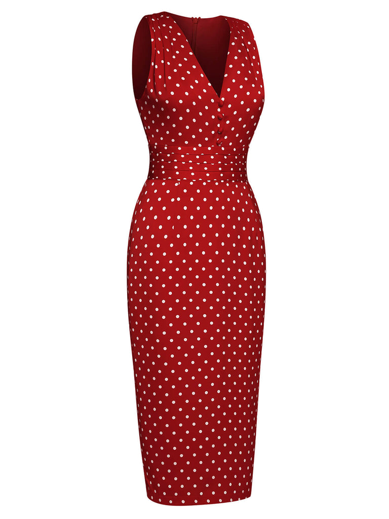 Red 1960s Dots V-Neck Pencil Dress — vintage elegance for the modern woman