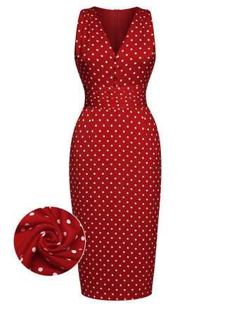 Red 1960s Dots V-Neck Pencil Dress, vintage dress, retro fashion - perfect for women who love vintage and retro fashion