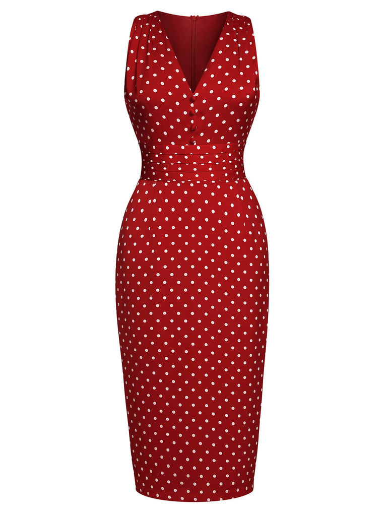 Red 1960s Dots V-Neck Pencil Dress, vintage dress, retro fashion - perfect for women who love vintage and retro fashion