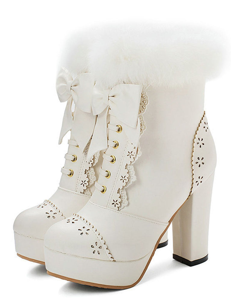 Retro Furry Bowknot Chunky Heel Snow Boots — vintage elegance for the modern woman
