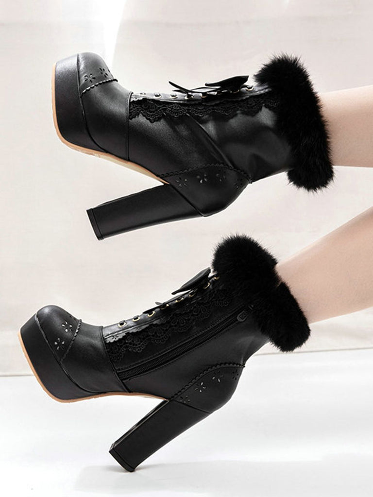Retro Furry Bowknot Chunky Heel Snow Boots: timeless style reimagined