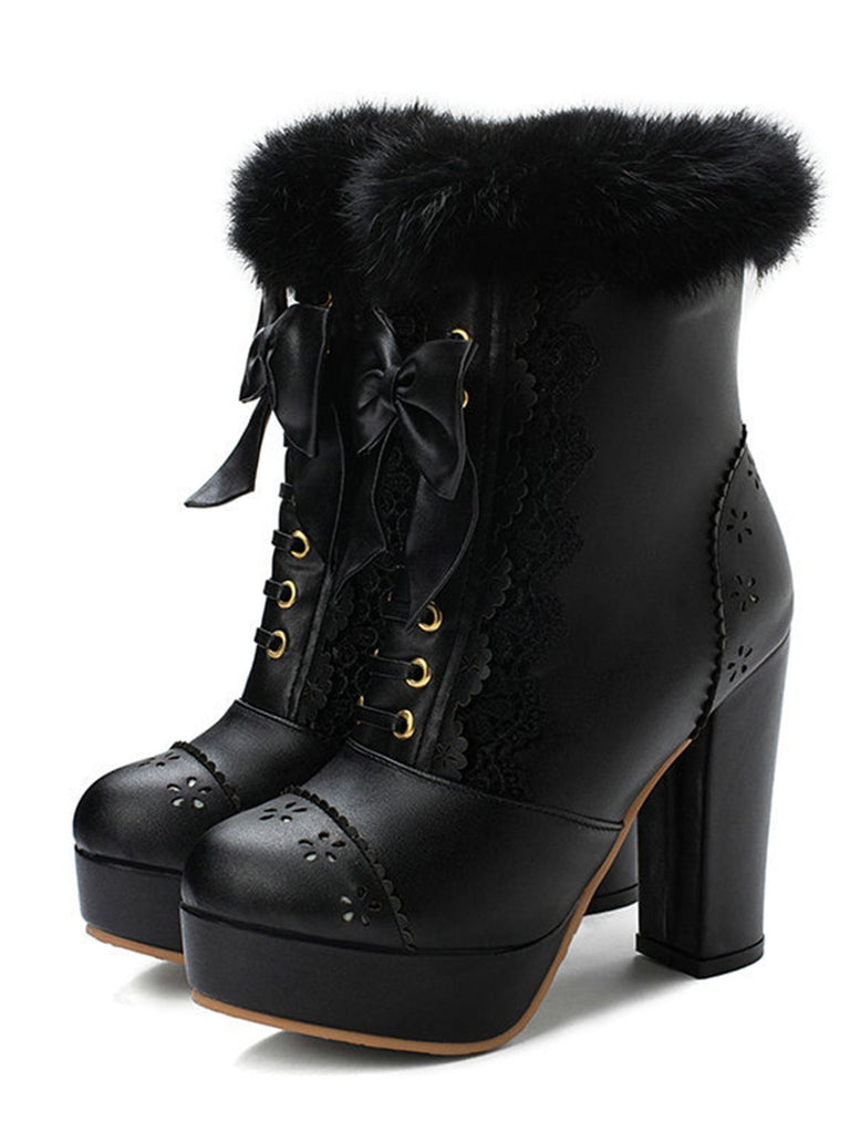 Retro Furry Bowknot Chunky Heel Snow Boots: timeless style reimagined