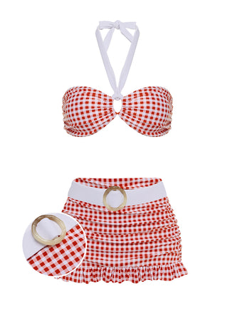 Retro Red 1940s Plaid Halter Bikini Set, vintage swimsuit, pin-up swimwear - perfect for women who love vintage and retro fashion