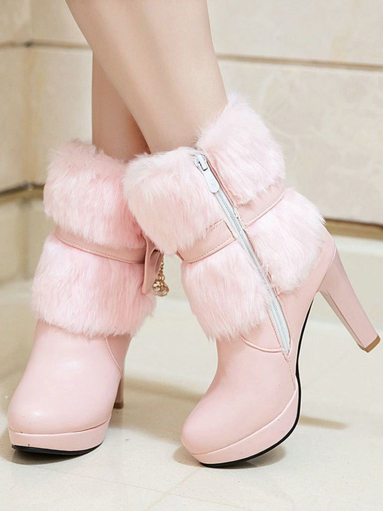 Retro Solid Furry Chunky Heel Short Boots — vintage elegance for the modern woman