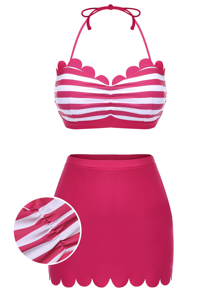 Rose Pink 1960s Stripes Halter Bikini Set - vintage fashion, retro style