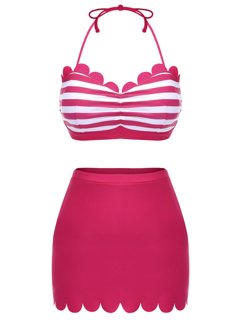 Rose Pink 1960s Stripes Halter Bikini Set - vintage fashion, retro style