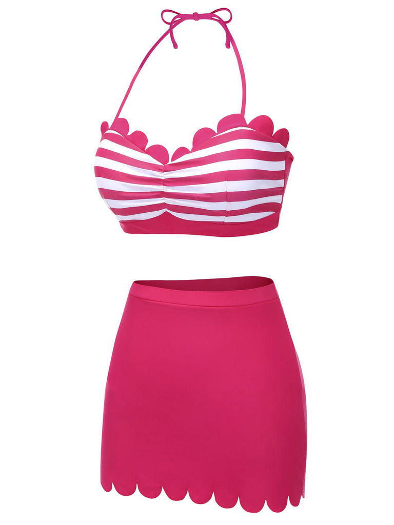 Rose Pink 1960s Stripes Halter Bikini Set - vintage fashion, retro style