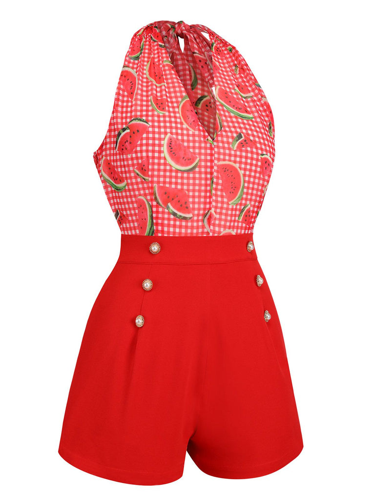 Watermelon Red 1950s Halter Patchwork Romper — vintage elegance for the modern woman