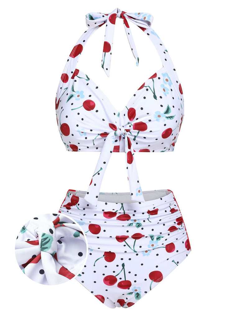 White 1950s Cherry Lace-Up Halter Swimsuit: timeless style reimagined