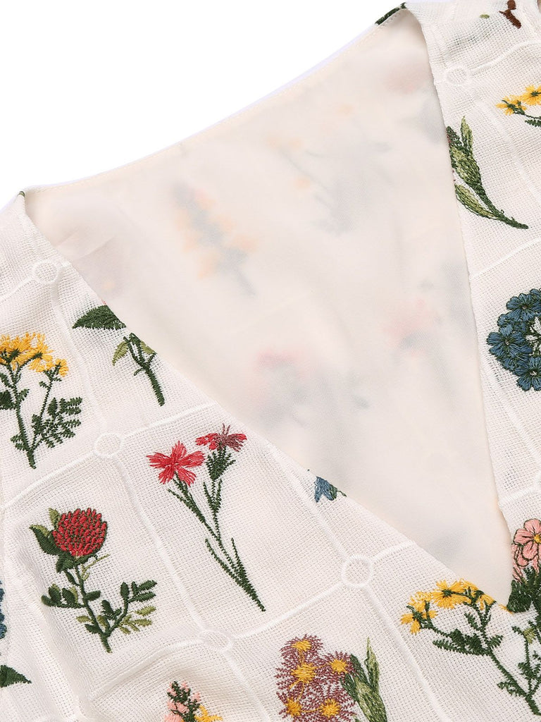 White 1950s Floral Embroidery Crop Top - vintage fashion, retro style, pure white