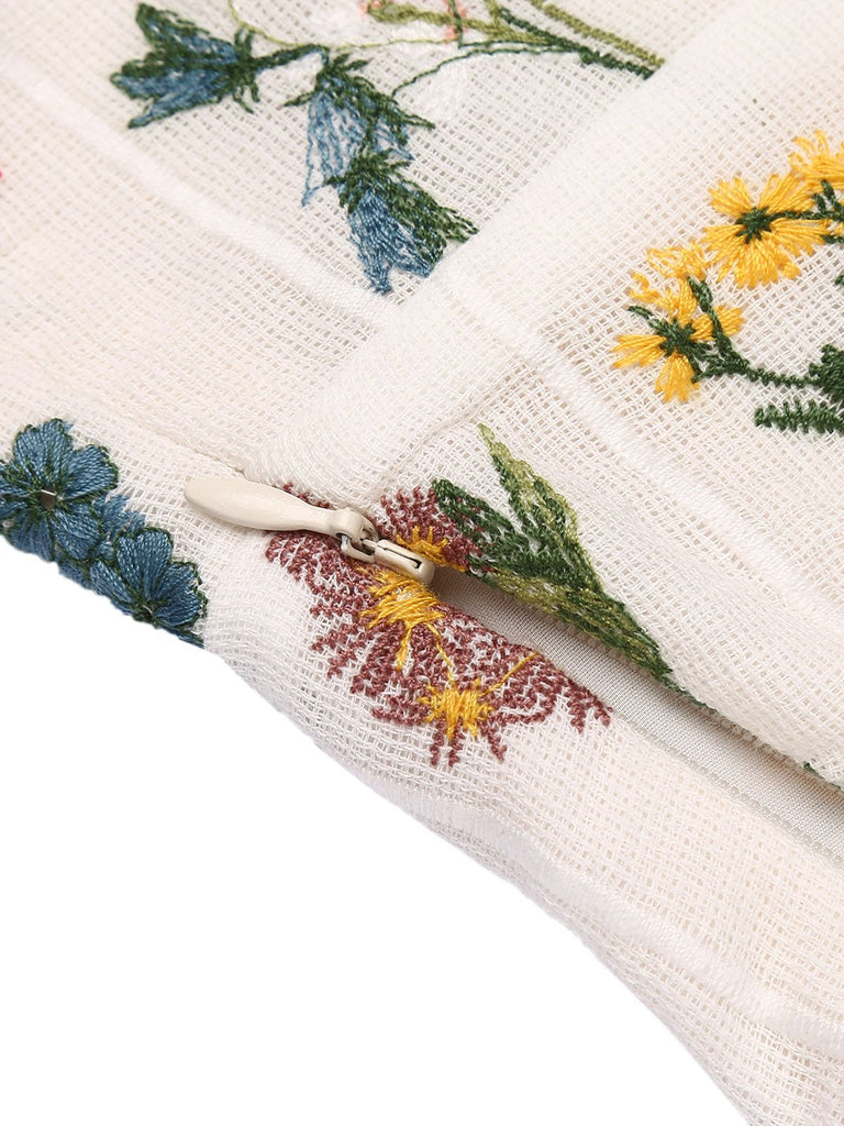 White 1950s Floral Embroidery Crop Top - vintage fashion, retro style, pure white