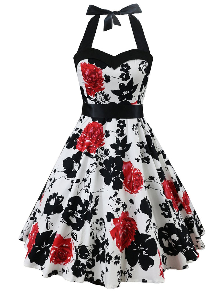 White 1950s Floral Halter Swing Dress: where 1950s romance meets her modern spirit