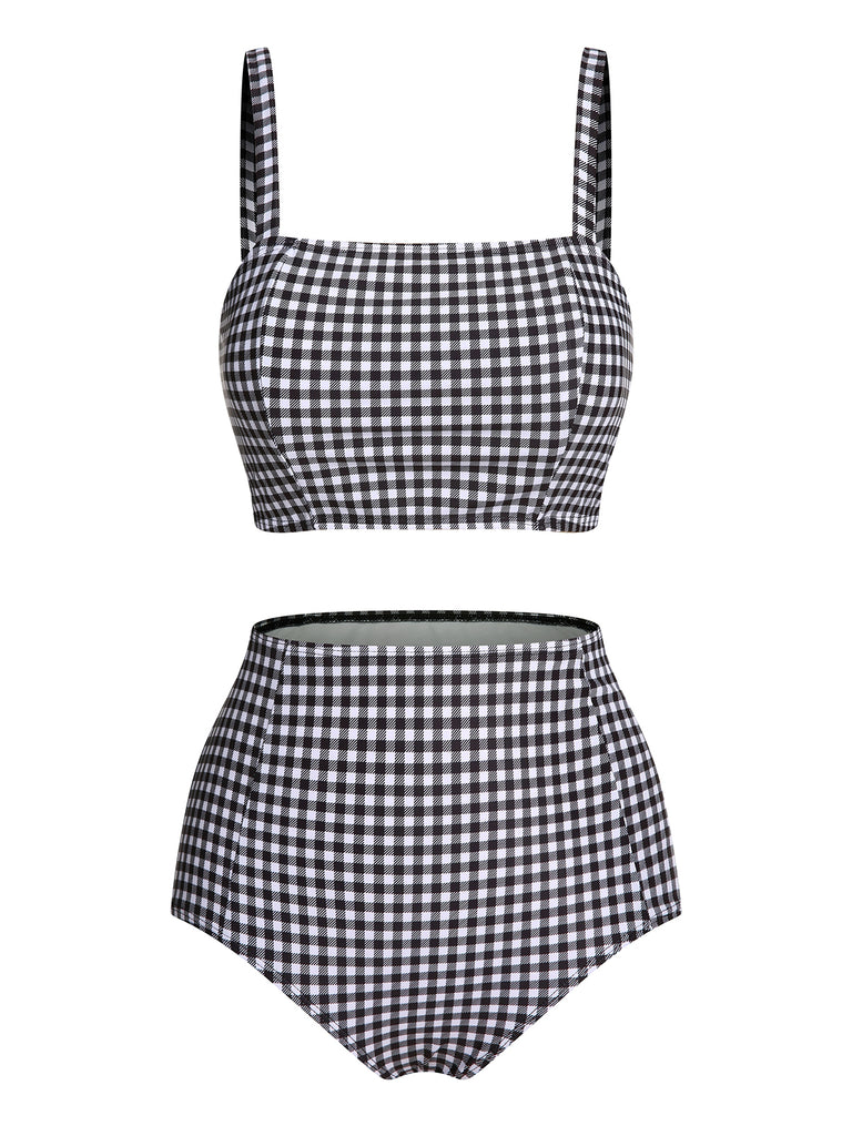 White&Black 1940s Plaid Suspenders Swimsuit — vintage elegance for the modern woman