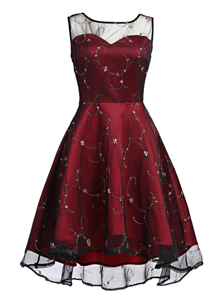 Wine 1950s Mesh Hi-Lo Back Lace Up Dress, classic 1950s style elegant retro fashion - Image 1