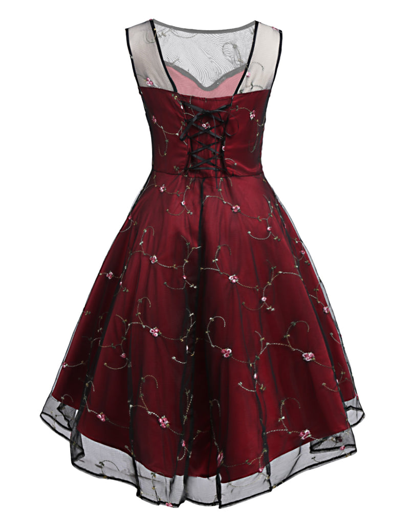 Wine 1950s Mesh Hi-Lo Back Lace Up Dress, classic 1950s style elegant retro fashion - Image 2