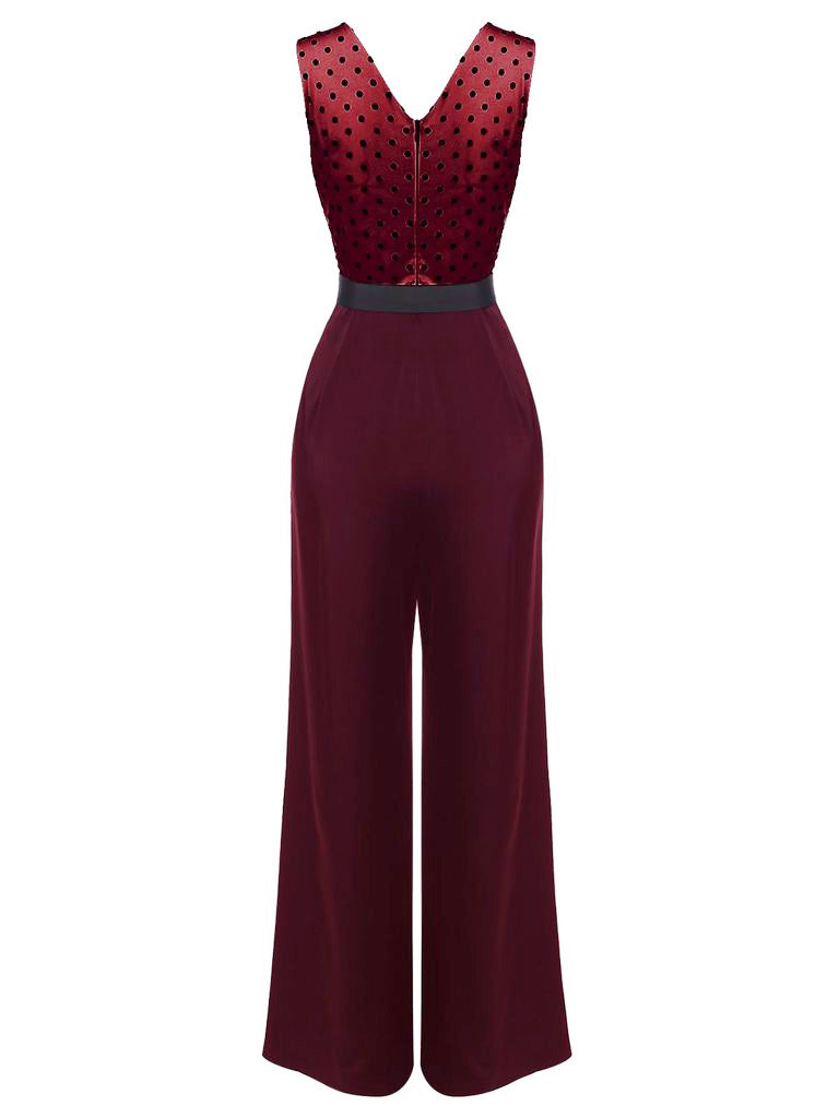 Wine Red 1930s Polka Dot Belt Jumpsuit — vintage elegance for the modern woman