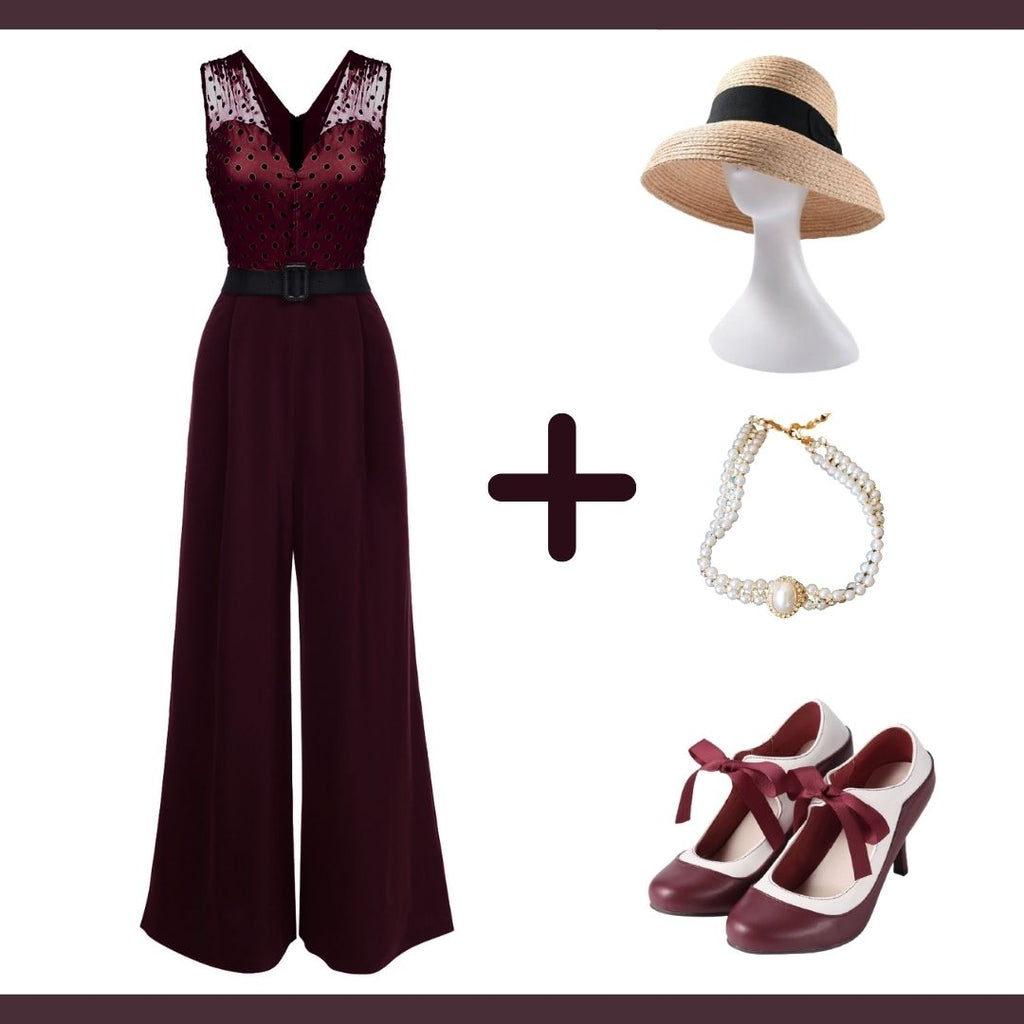 Wine Red 1930s Polka Dot Belt Jumpsuit: timeless style reimagined