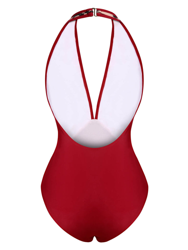 Wine Red 1950s Floral Backless Swimsuit — vintage elegance for the modern woman